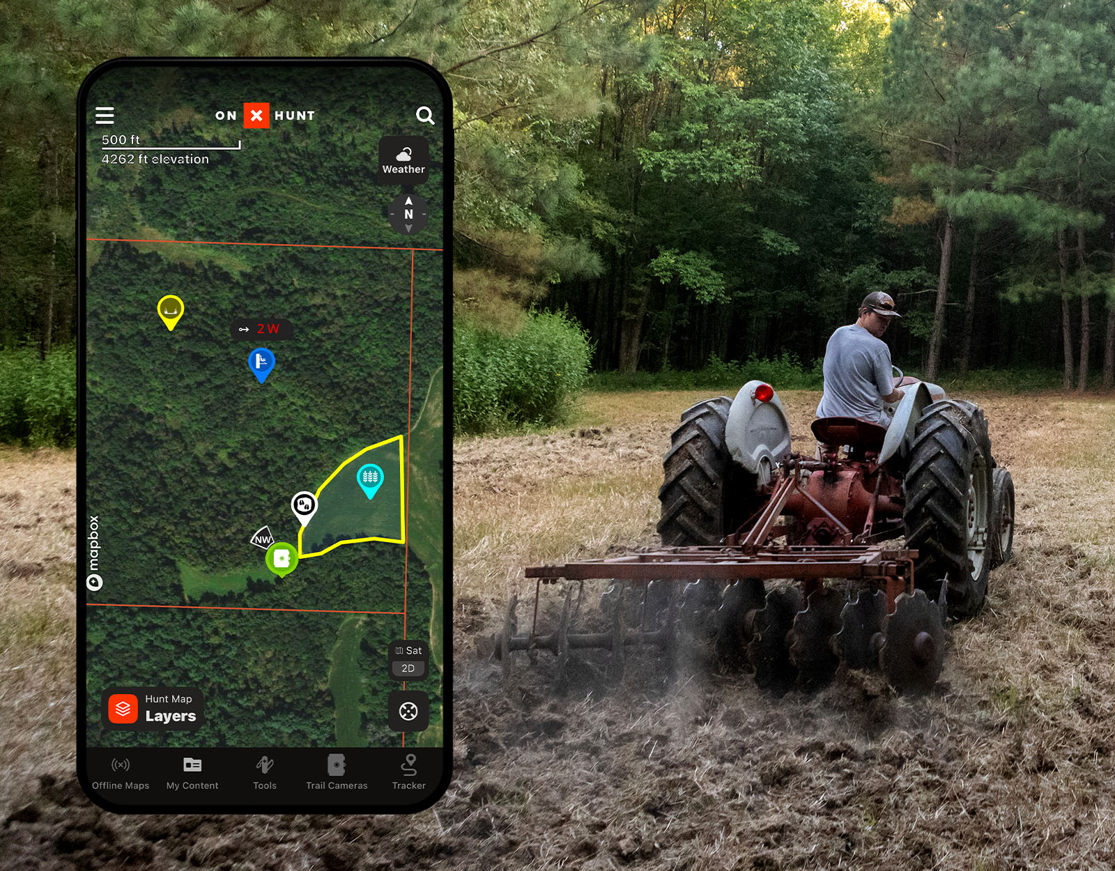 A hunter uses a tractor to rough up the soil for a food plot. The onX Hunt App overlays the image.