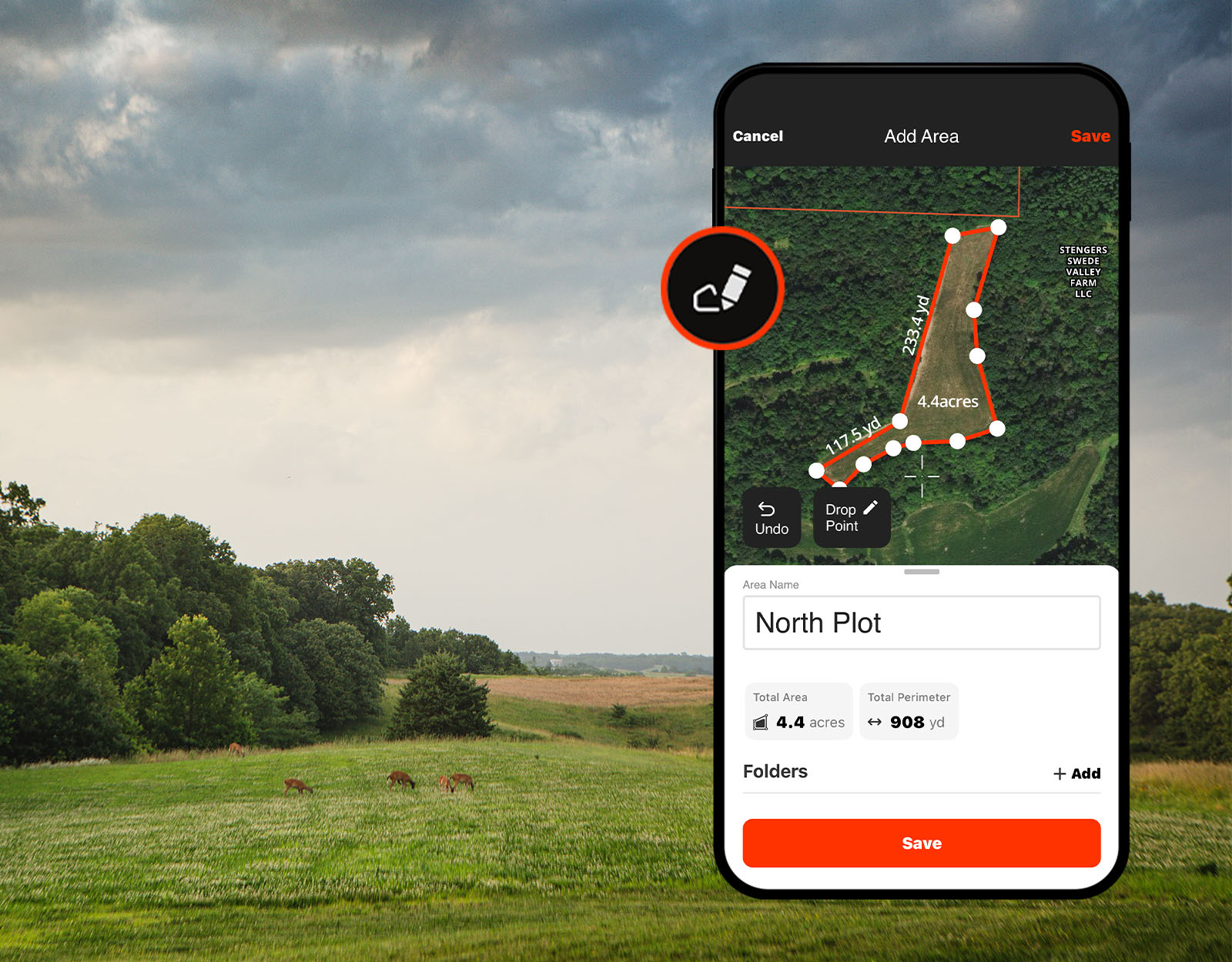 Deer feeding in a rolling green field with the Hunt App overlaid showing a food plot. 