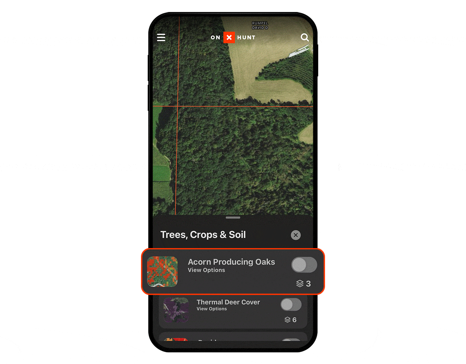 Gif showing how to access Acorn-Producing Oaks Map Layer in the Hunt App. 