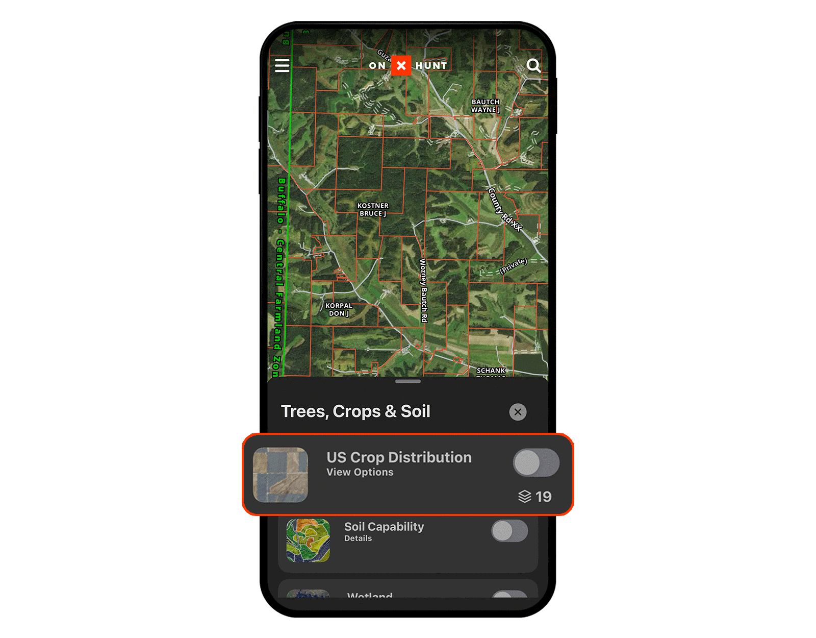 Gif showing the Hunt App's US Crop Distribution Map Layers. 
