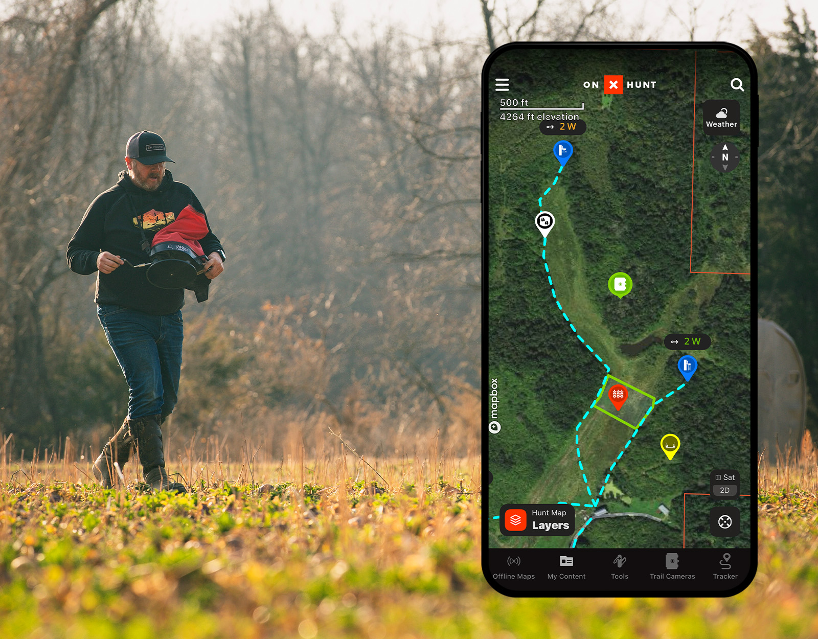 A man spreading seeds on a food plot overlaid by the Hunt App showing a food plot design. 