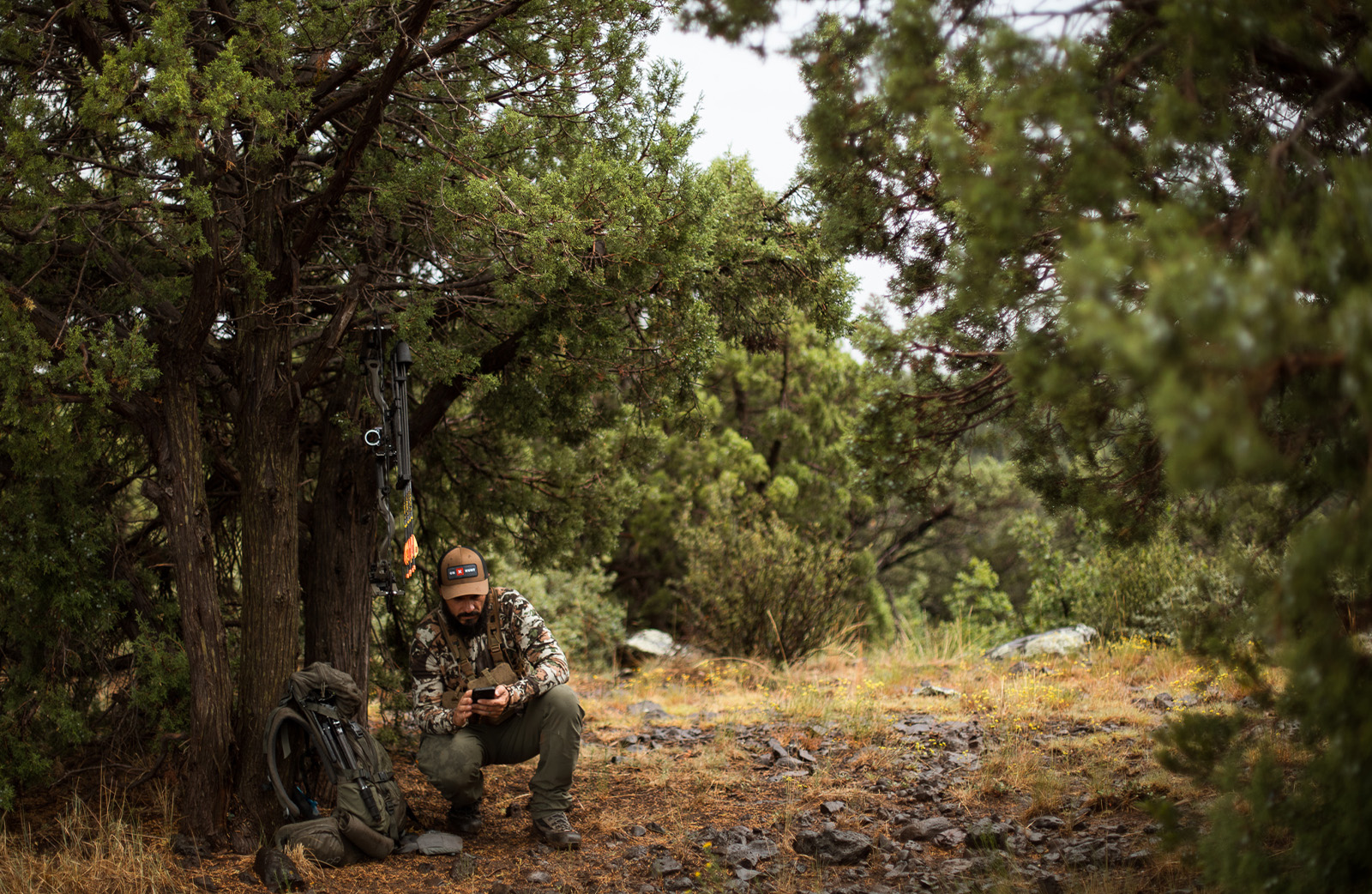 a bowhunter looking at the onX Hunt app on his phone in a forest clearing