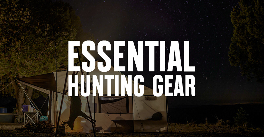 A deer hanging at camp with "Essential Hunting Gear" overlaid.