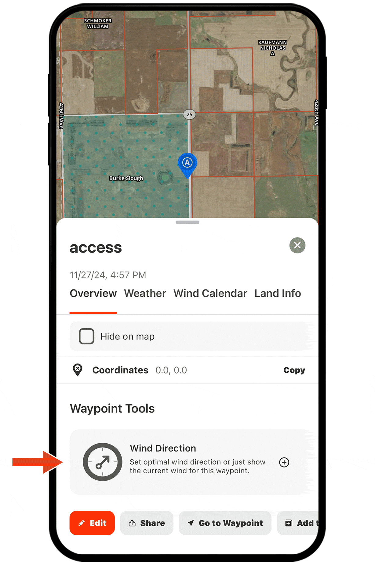 Gif demonstrating onX Hunt Wind & Weather functionality.