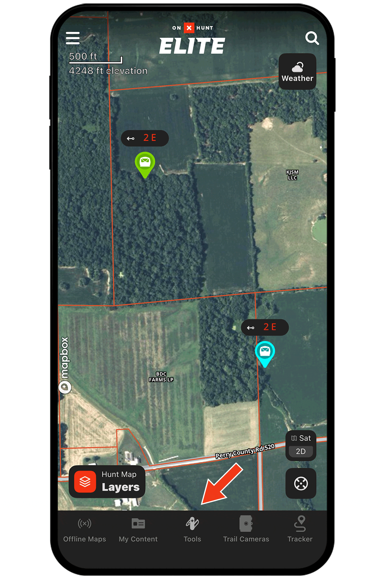 Gif demonstrating onX Hunt Wind & Weather functionality.