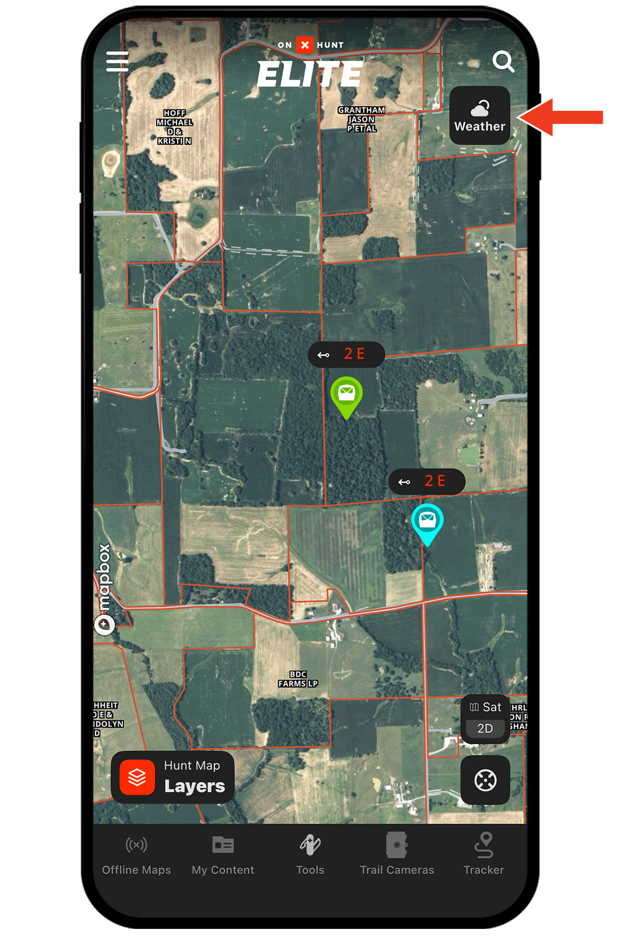 Gif demonstrating onX Hunt Wind & Weather functionality.