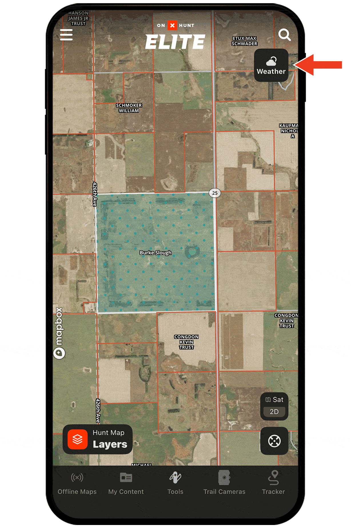 Gif demonstrating onX Hunt Wind & Weather functionality.