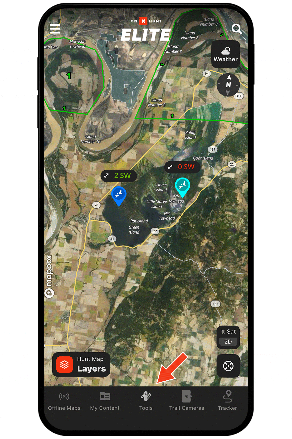 Gif demonstrating onX Hunt Wind & Weather functionality.