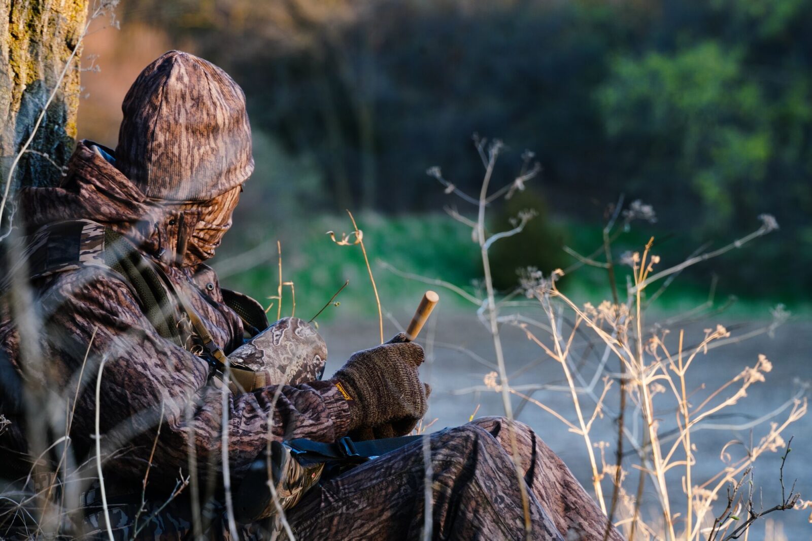Turkey hunter sitting against a tree using a turkey call.