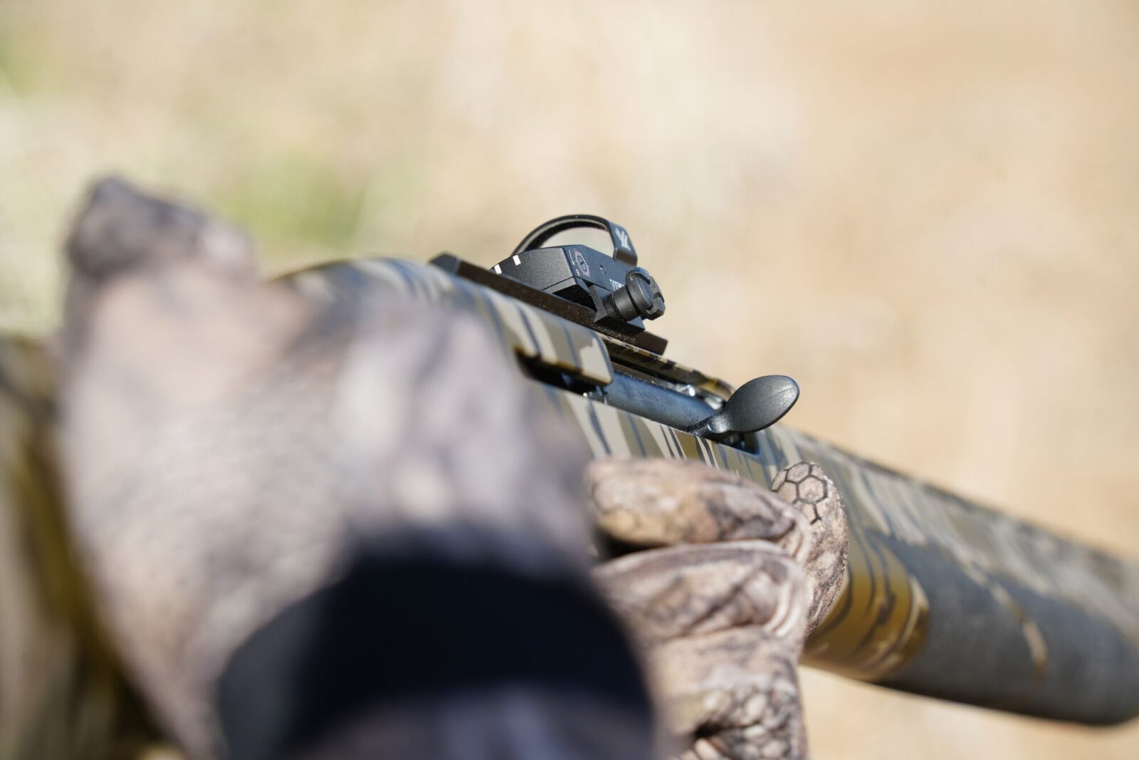 Closeup of a shotgun.