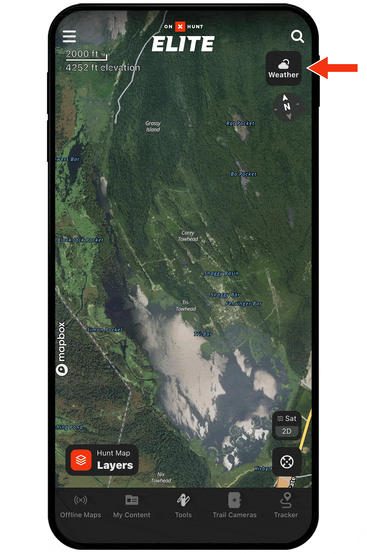 Gif demonstrating onX Hunt Wind & Weather functionality.