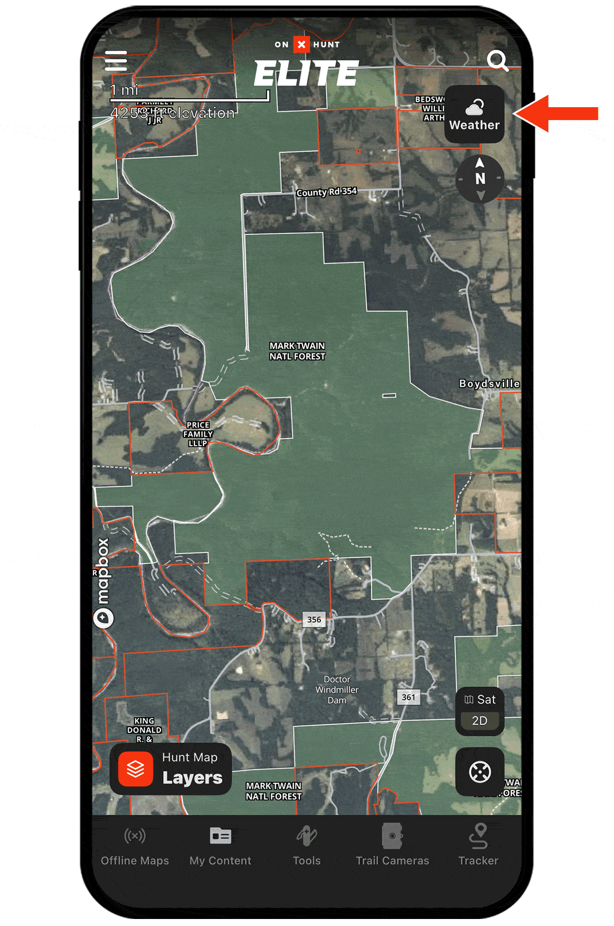 Gif demonstrating onX Hunt Wind & Weather functionality.