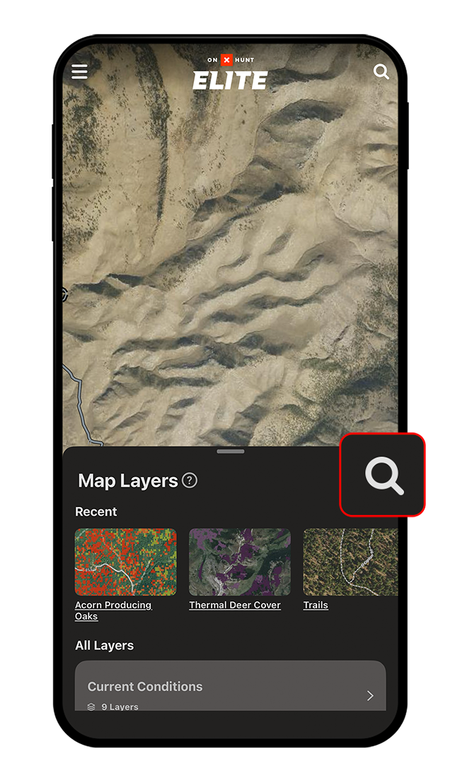 onX Hunt's Map Layers search functionality.