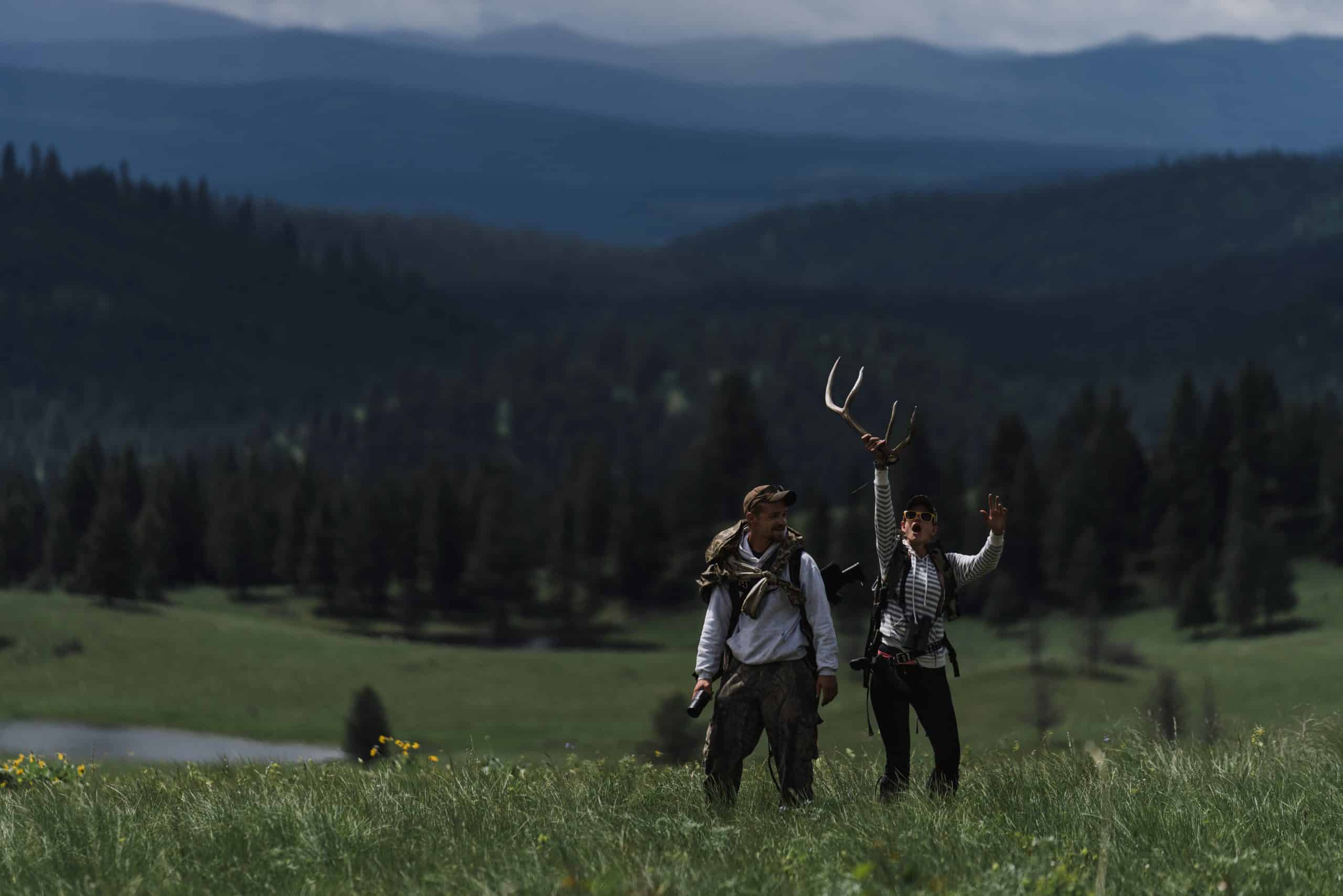 A couple celebrate their first elk shed of the day on the Clearwater WMA A couple celebrate their first elk shed of the day on the Clearwater WMA