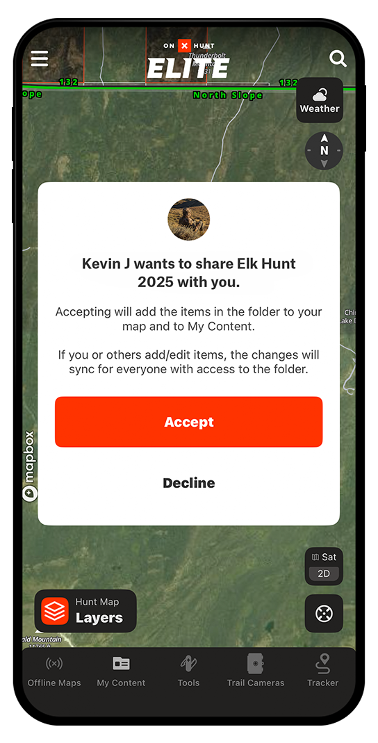 onX Hunt Collaborative Folders sharing capability shown on a mobile device.