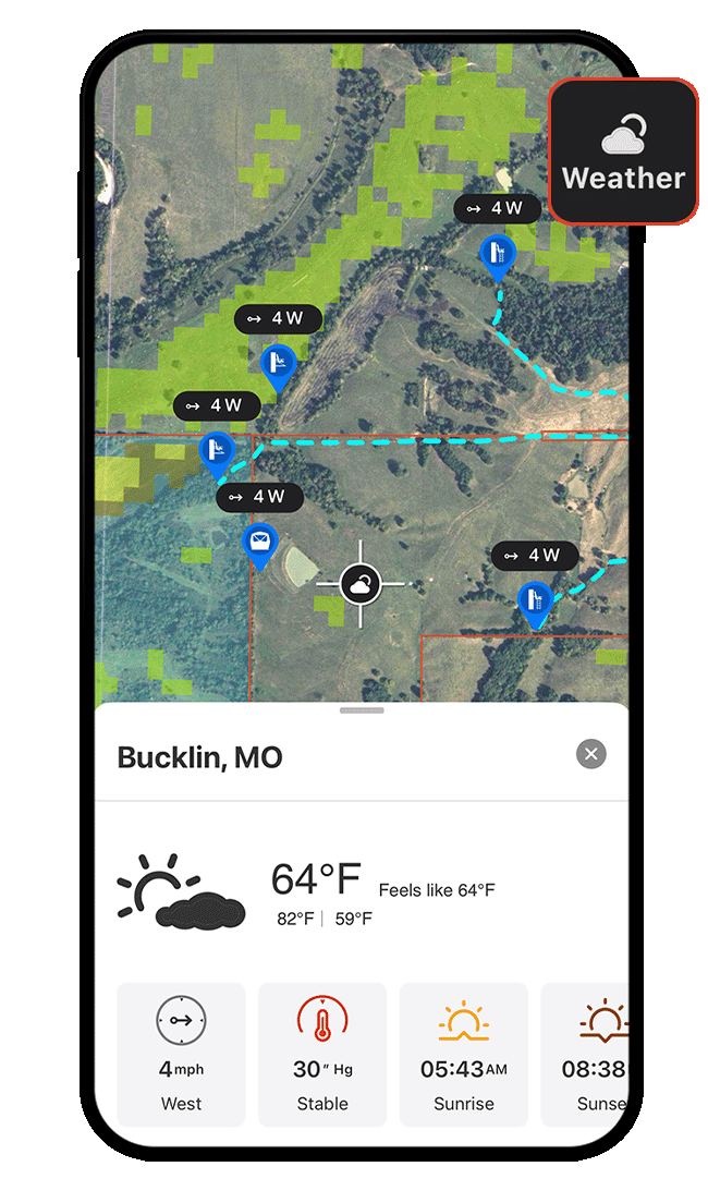 Screenshot of onX Hunt weather forecast feature.
