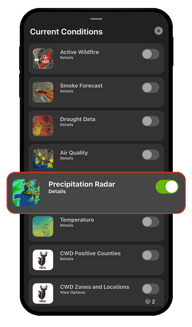 Screenshot of onX Hunt weather forecast feature.