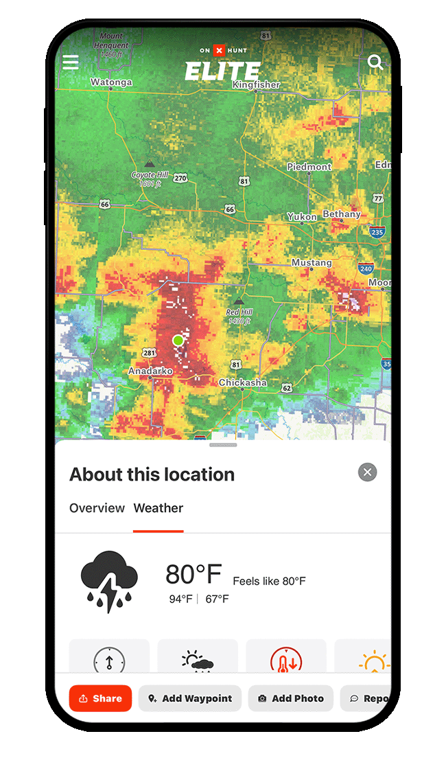 Screenshot of onX Hunt weather forecast feature.