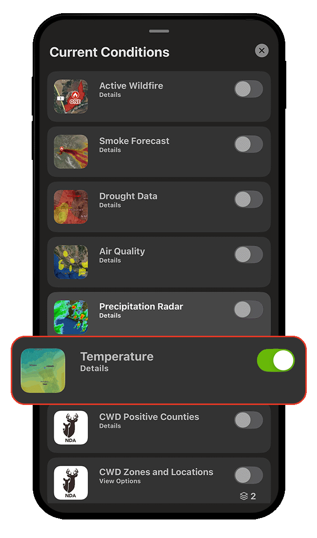 Screenshot of onX Hunt weather forecast feature.