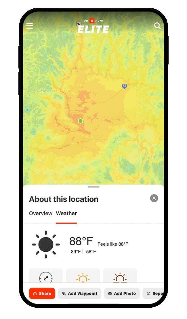Screenshot of onX Hunt weather forecast feature.