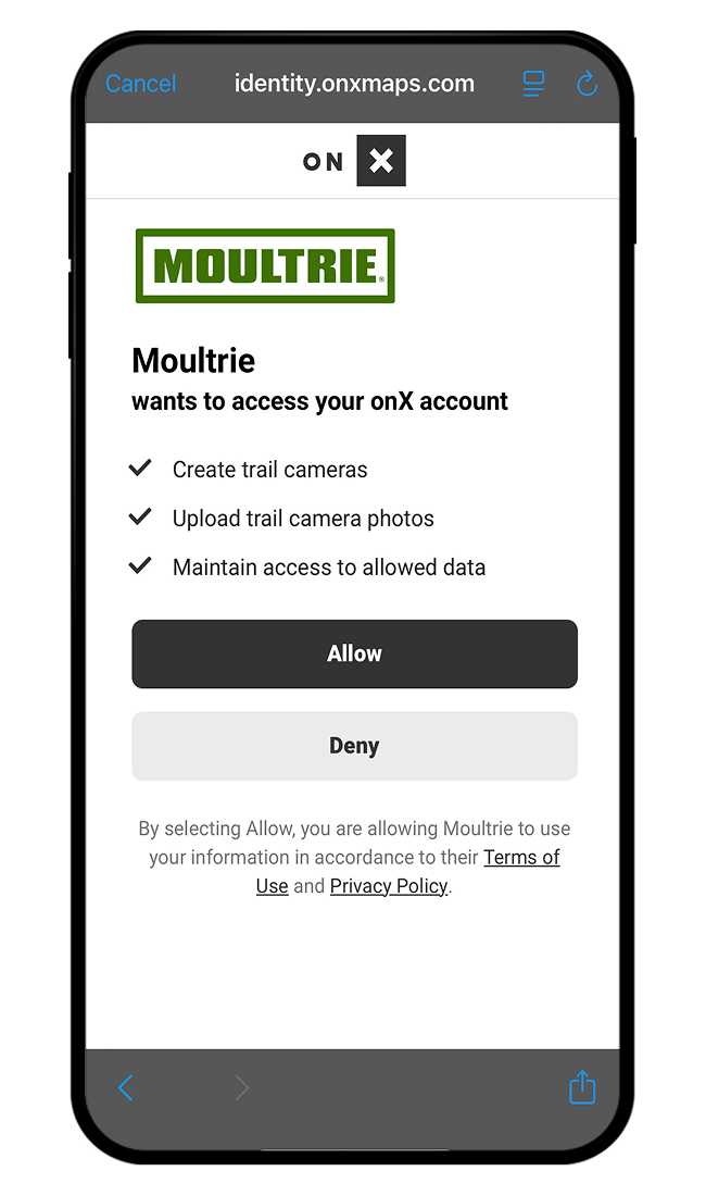 onX Hunt and Moultrie Trail Camera integration screen.