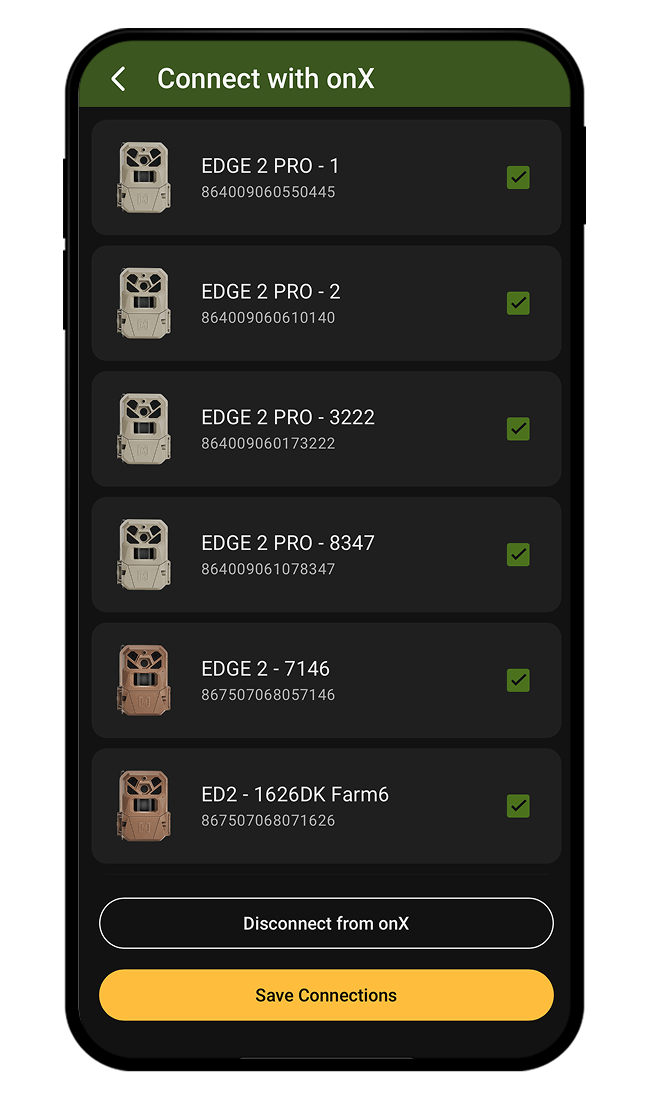 onX Hunt and Moultrie Trail Camera integration screen.