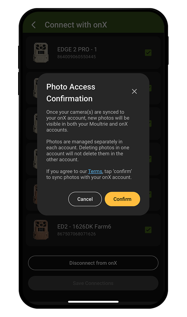onX Hunt and Moultrie Trail Camera integration screen.