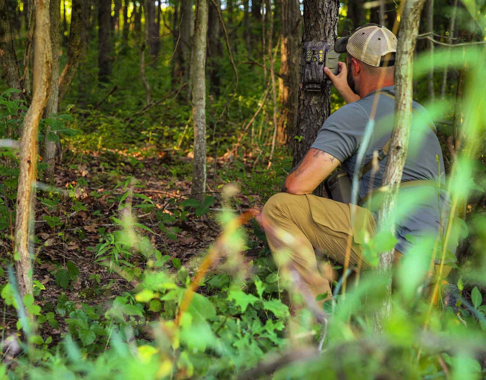 A man places a trail camera.