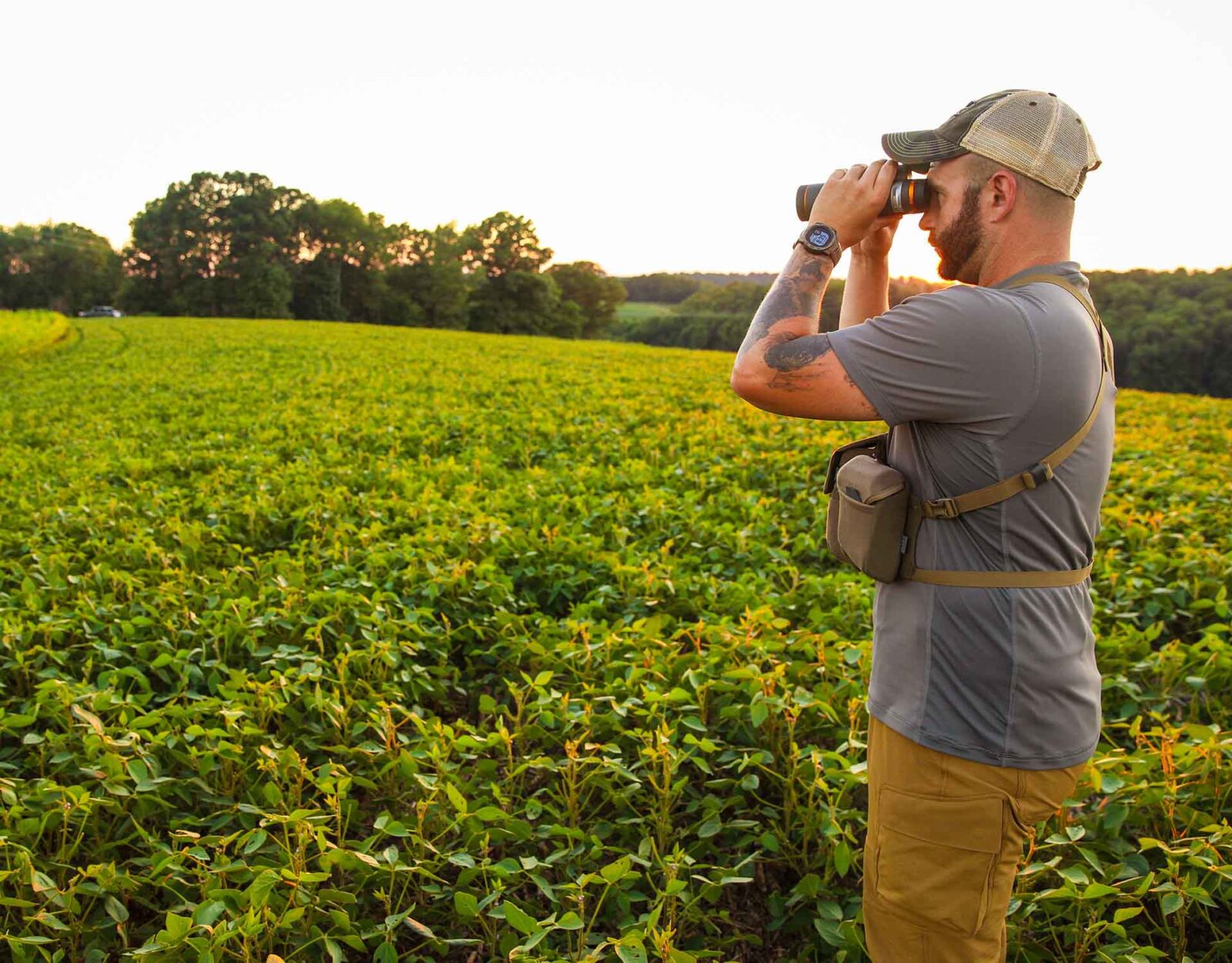 A man glasses a field.