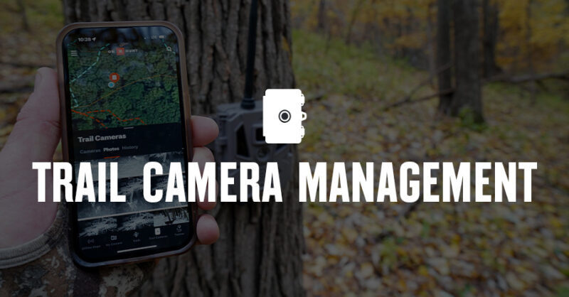 A person using onX Hunt on their mobile device and 'trail camera management' overlaid in text.