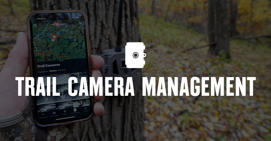 A person using onX Hunt on their mobile device and 'trail camera management' overlaid in text.