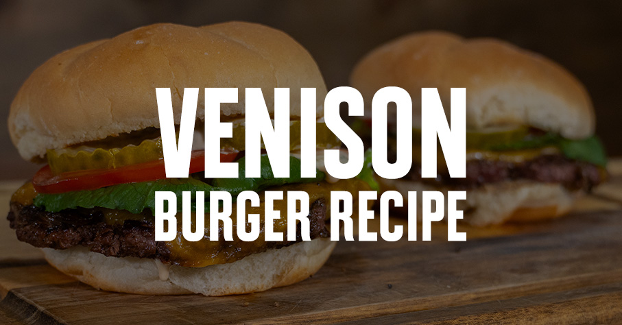 Two venison burgers with "venison burger recipe" overlaid in text.