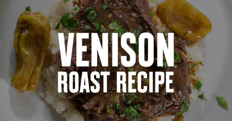 Plated venison roast with "Venison Roast Recipe" overlaid in text.