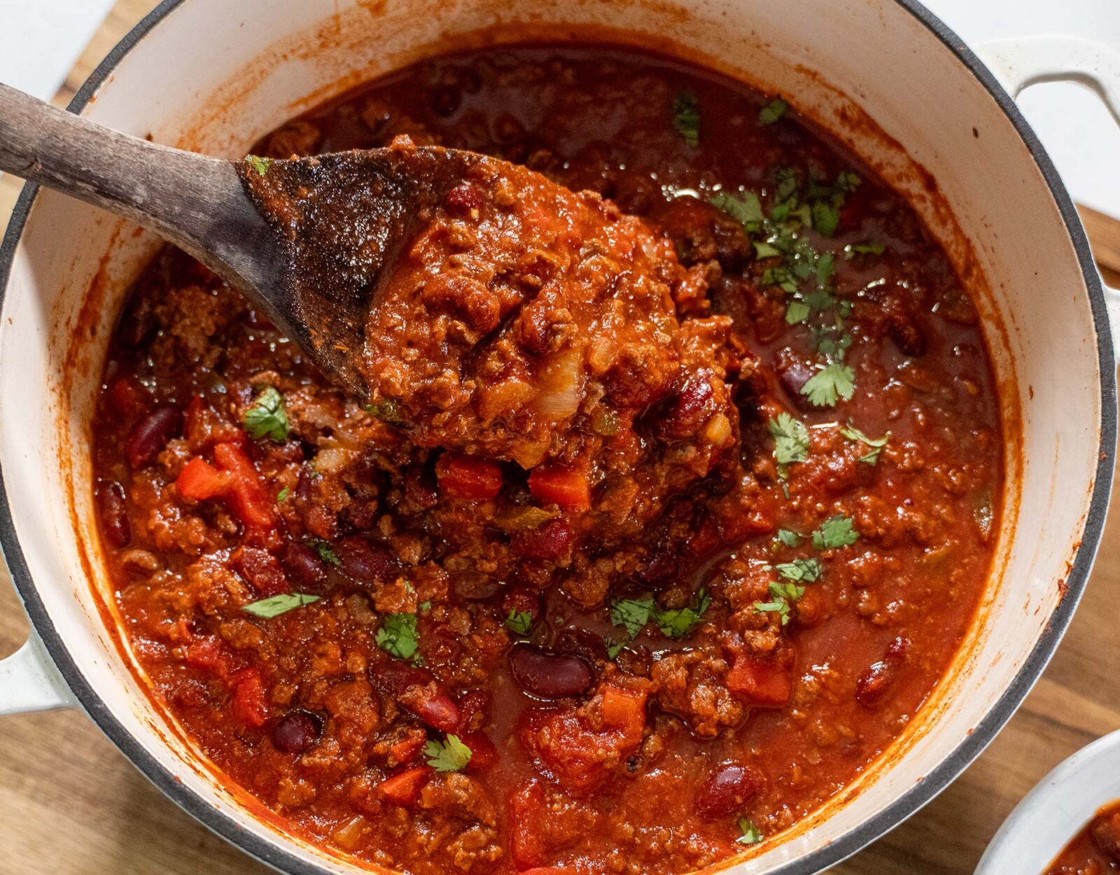 Venison chili in a bowl.