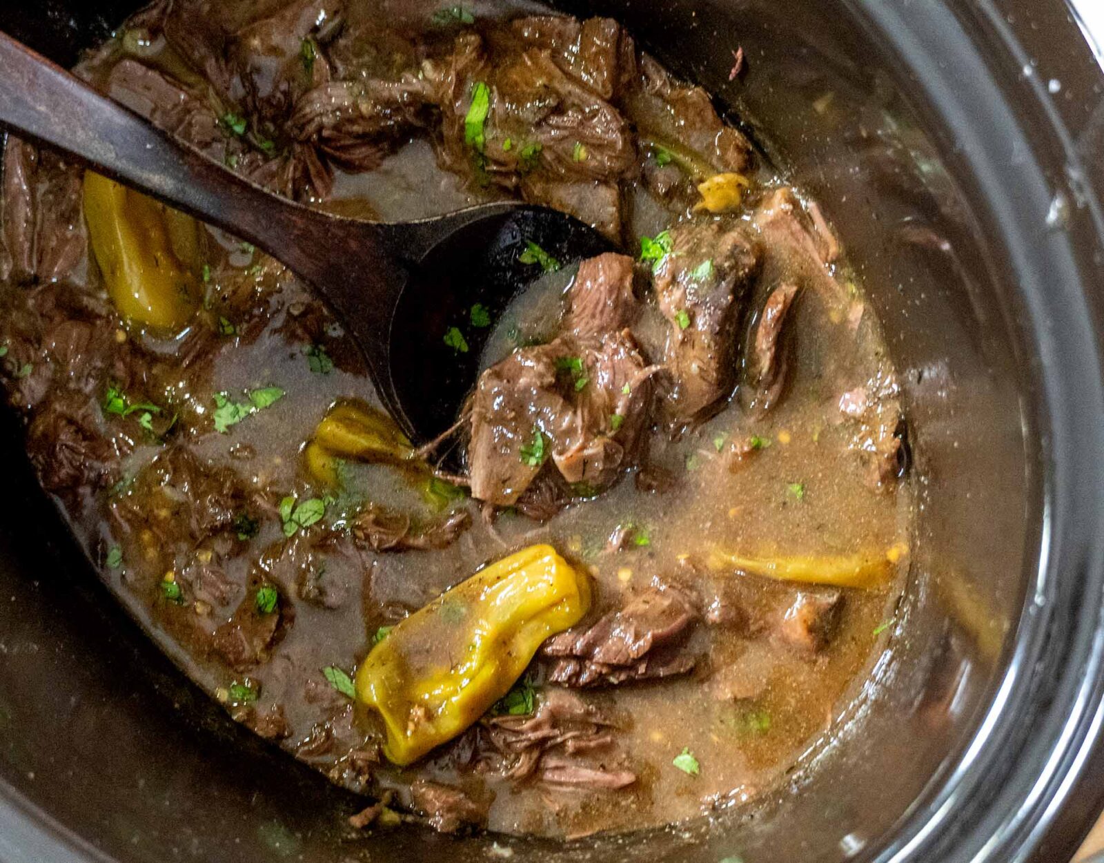 Venison roast in a slow cooker.