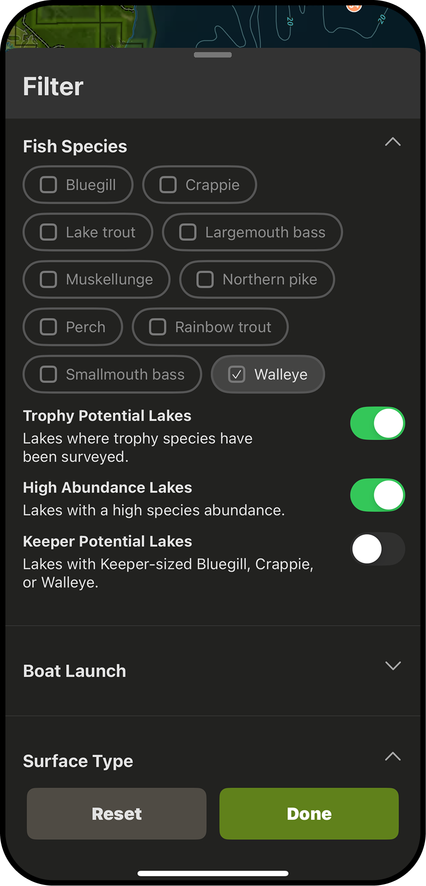 onX Fish Lake Filters