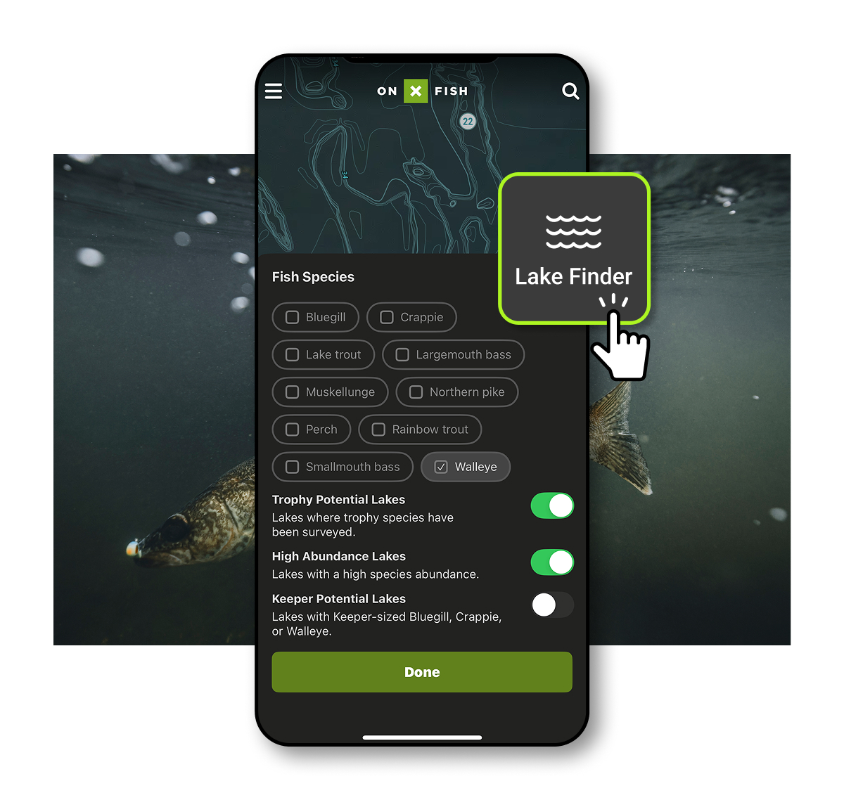 onX Fish Lake Finder feature filtered for walleye.
