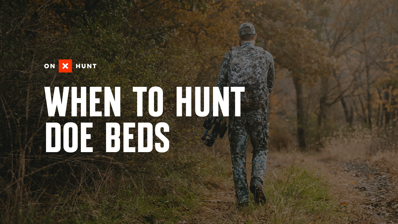 A hunter walking with "when to hunt doe beds" overlaid in text.
