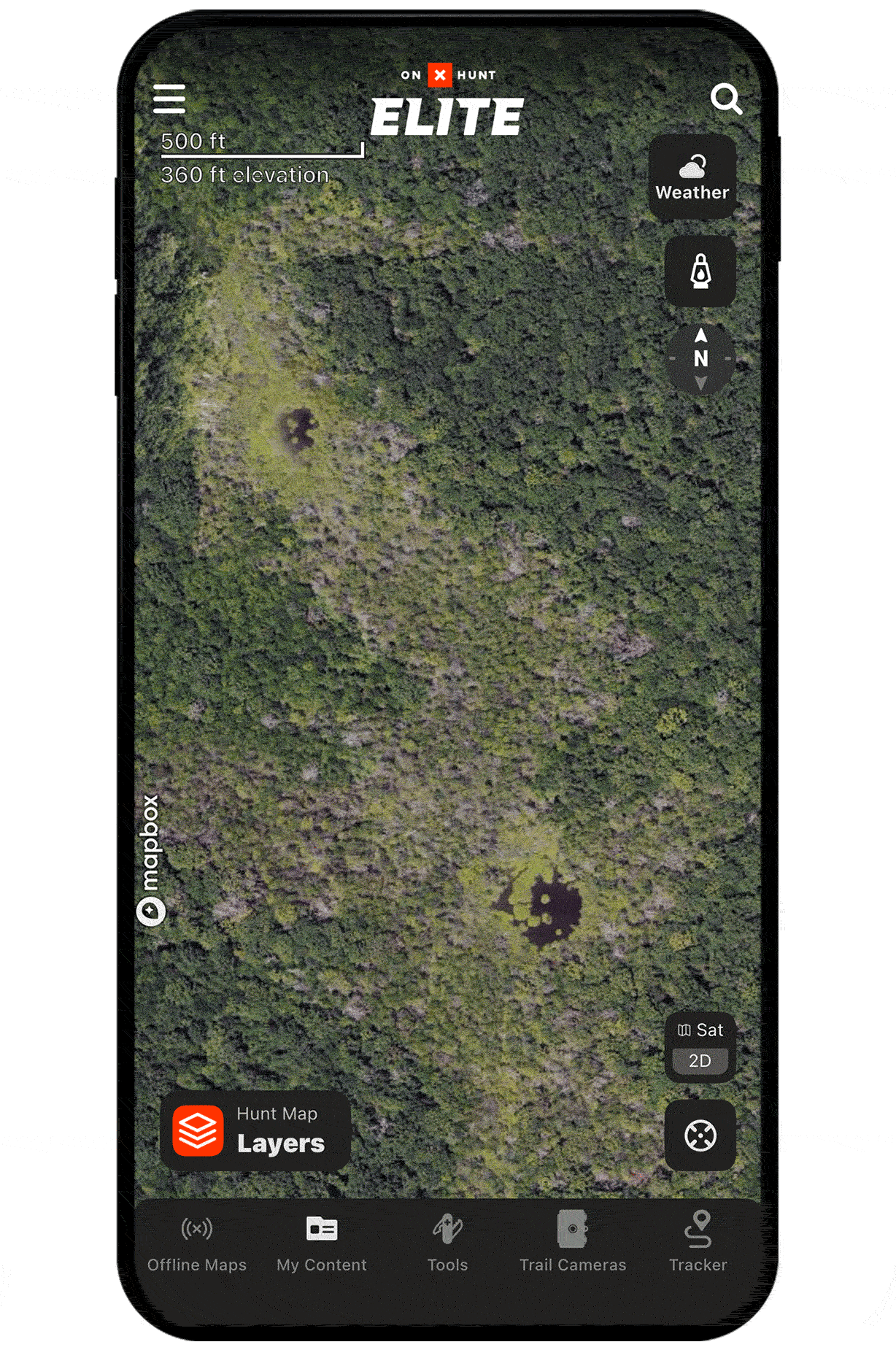 onX Hunt Leaf-Off Imagery on a mobile device.