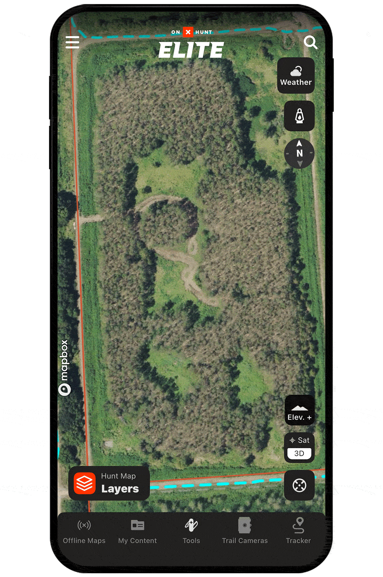 onX Hunt Leaf-Off Imagery on a mobile device.