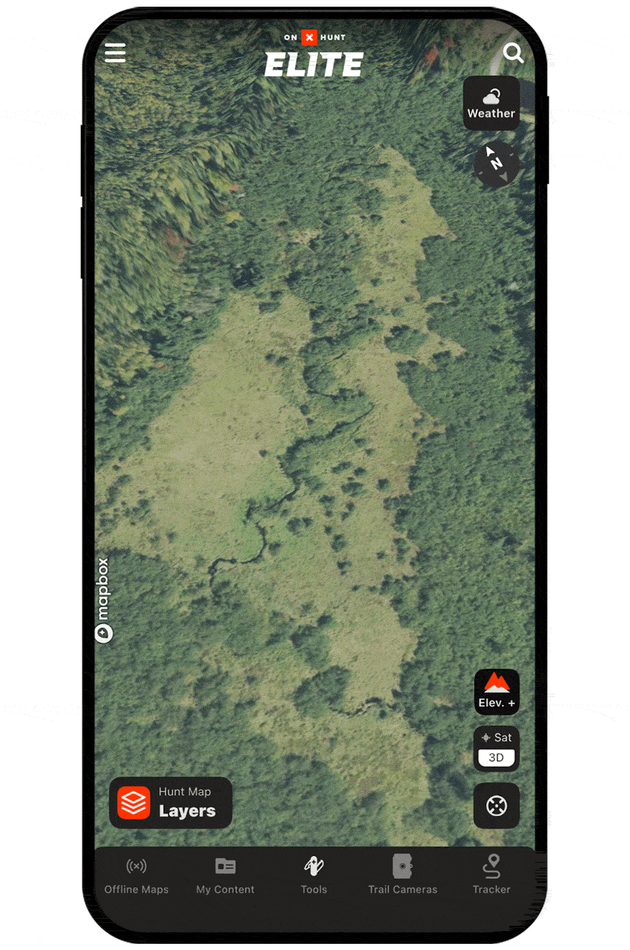 onX Hunt Leaf-Off Imagery on a mobile device.