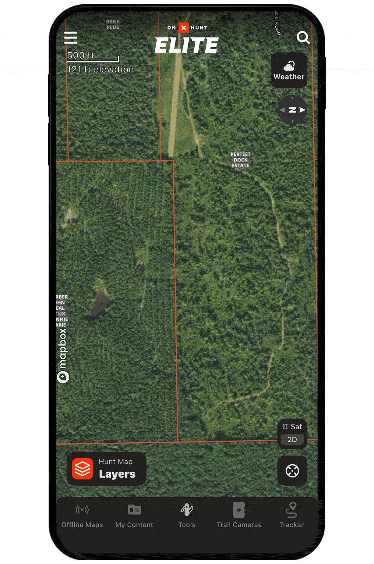 onX Hunt Leaf-Off Imagery on a mobile device.