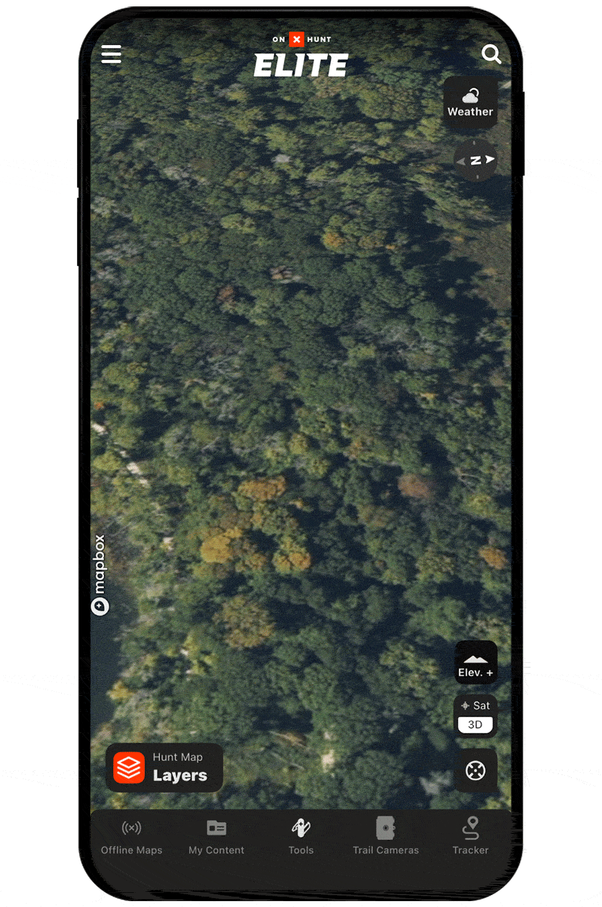 onX Hunt Leaf-Off Imagery on a mobile device.