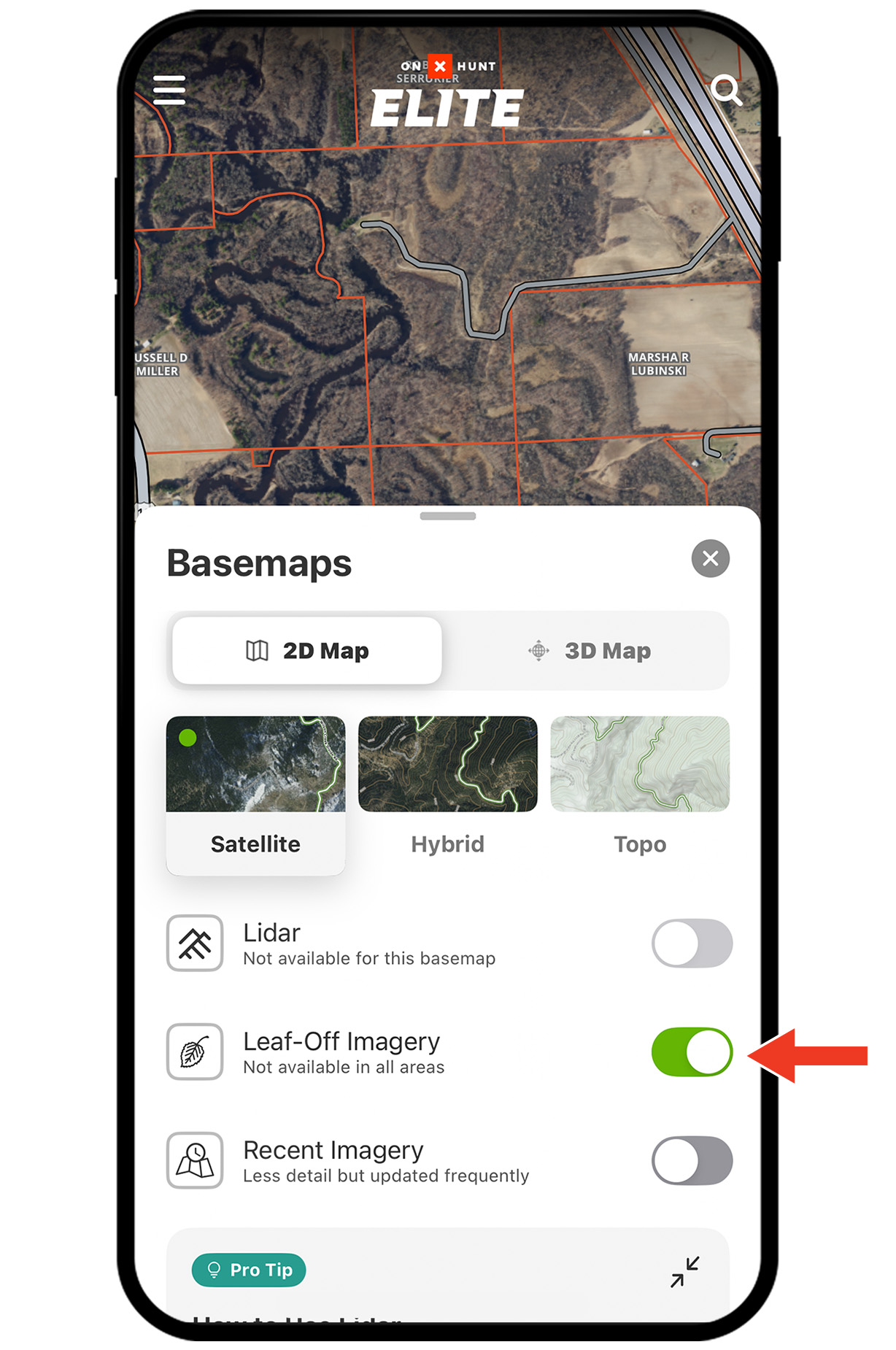 onX Hunt Leaf-Off Imagery on a mobile device.