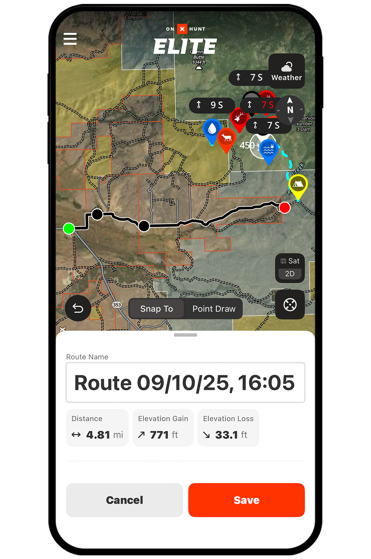 onX Hunt Route Builder feature on a mobile device.
