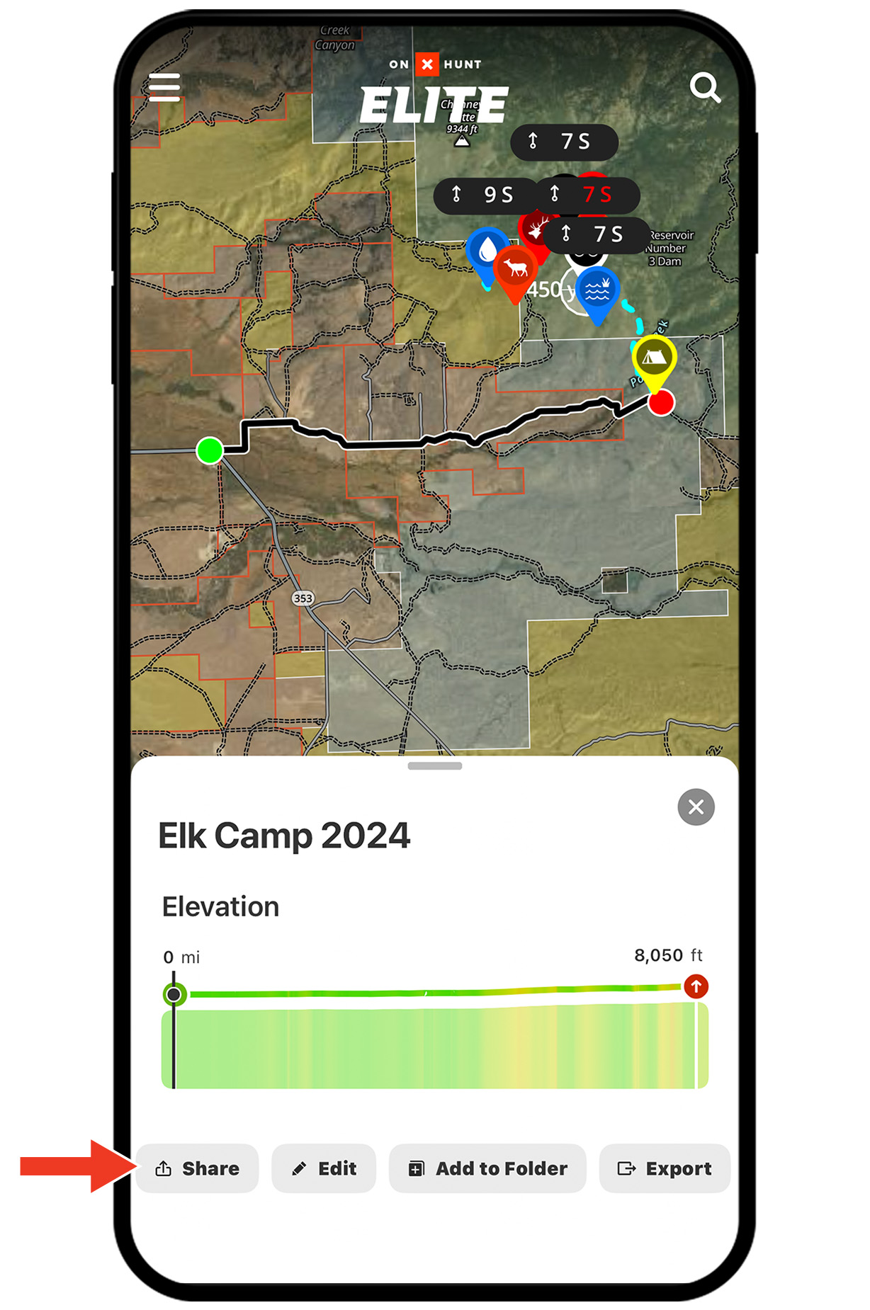 onX Hunt Route Builder feature on a mobile device.