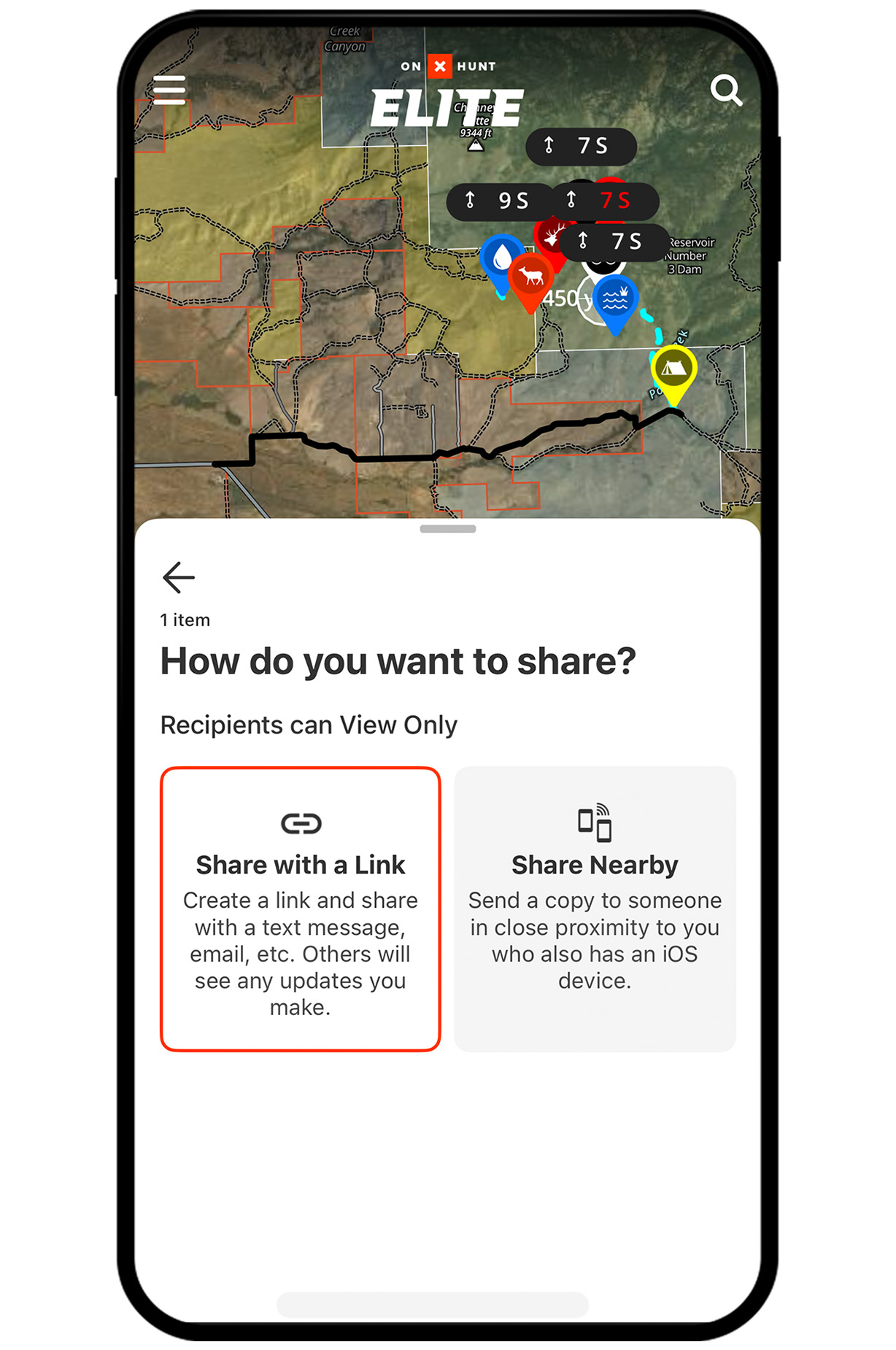 onX Hunt Route Builder feature on a mobile device.