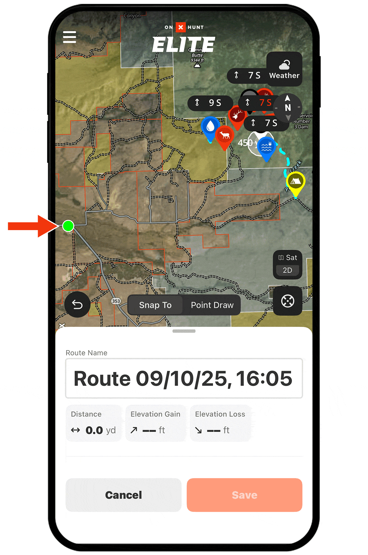 onX Hunt Route Builder feature on a mobile device.