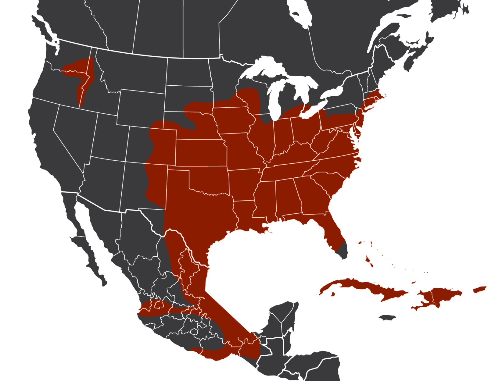 A map of the United States showing Bobwhite quail range.