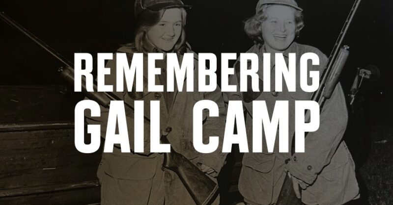 Black and white photo of two women with Remembering Gail Camp overlaid/